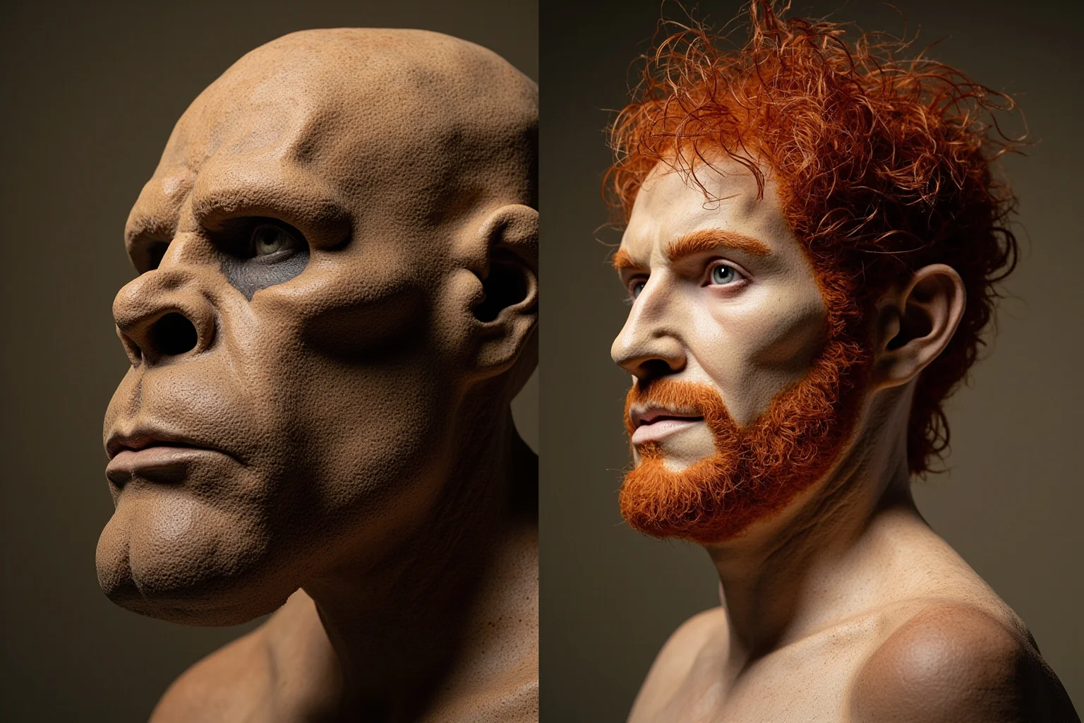Artistic side-by-side comparison of a Neanderthal figure and a modern human, both with reddish hair, museum-style illustration