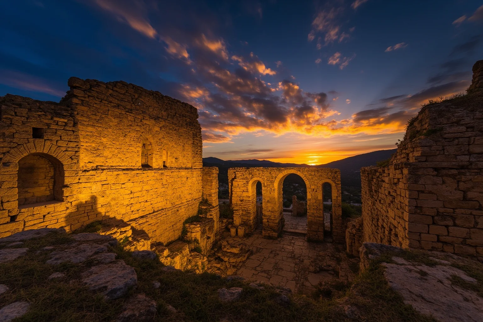 Aspendos Roman theatre in Turkey with dramatic sunset lighting on its towering stone stage wall
