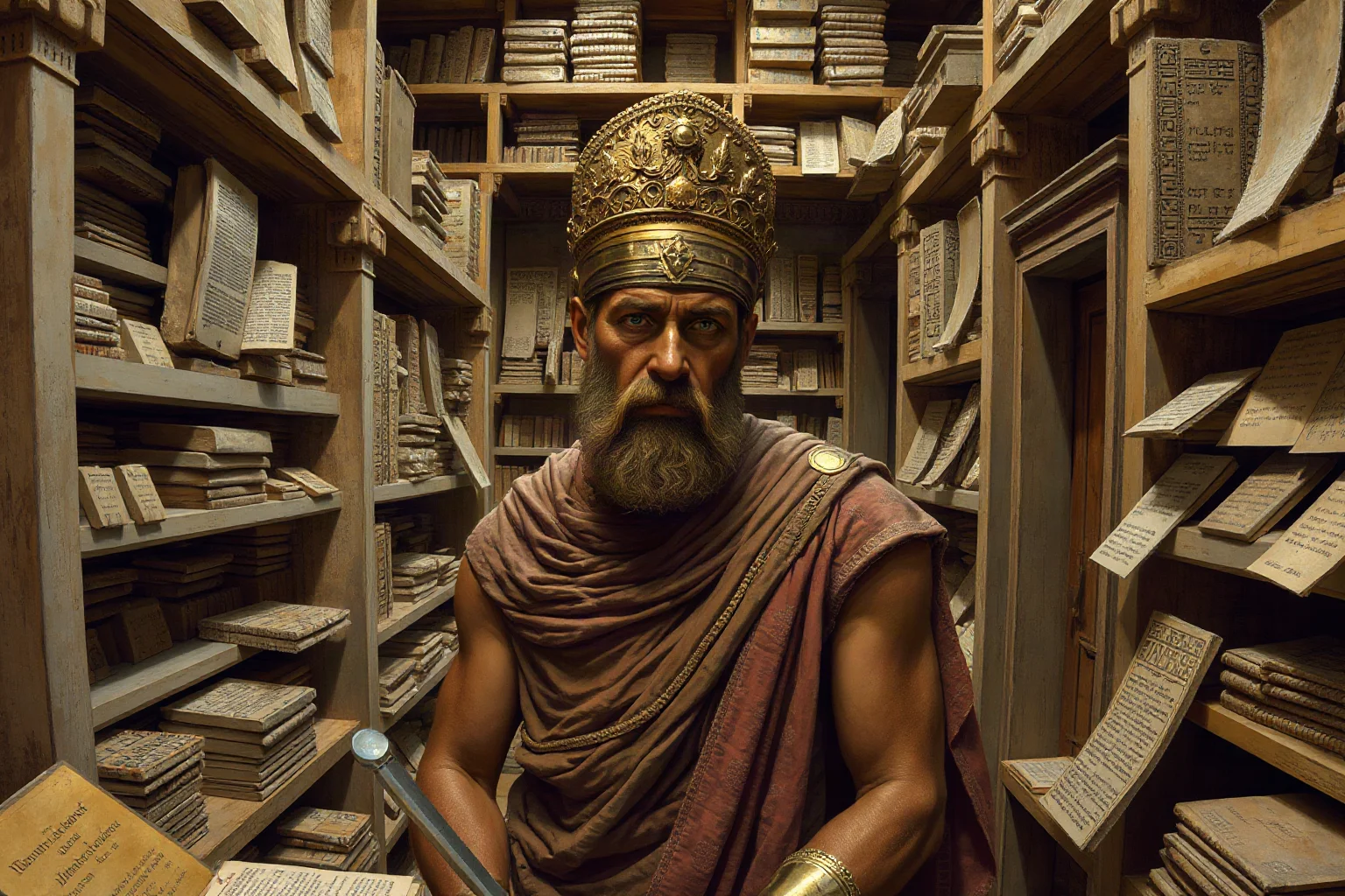 Assyrian king in an ancient library surrounded by shelves of clay tablets
