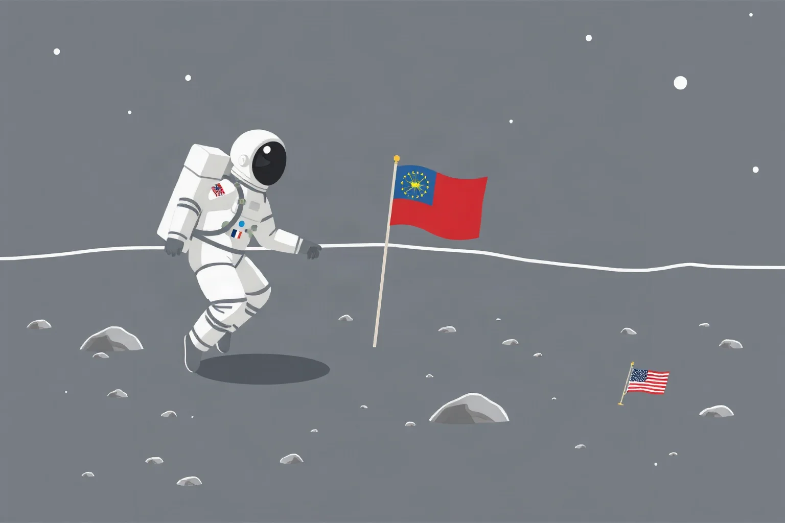 Astronaut in a white spacesuit planting a flag on a gray lunar surface, illustrated style
