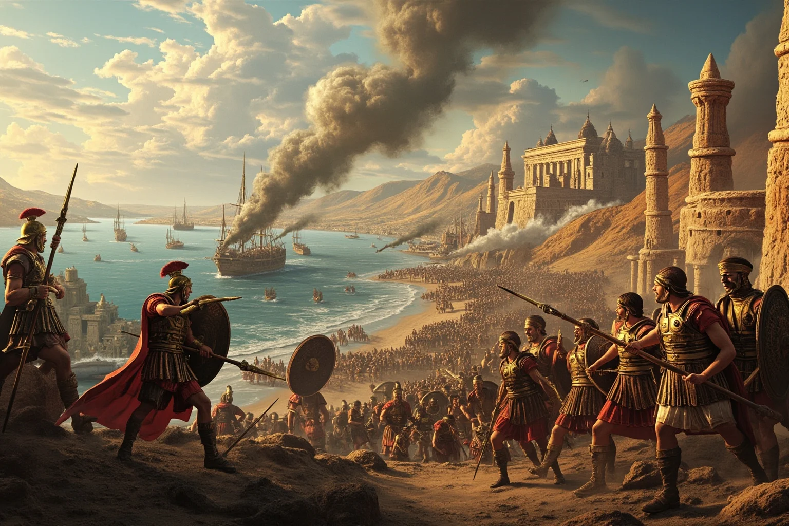 23 Important Ancient Greek Battles In History 8 Athenian soldiers and ships attacking a Persian coastal stronghold near a river delta, ancient Mediterranean setting