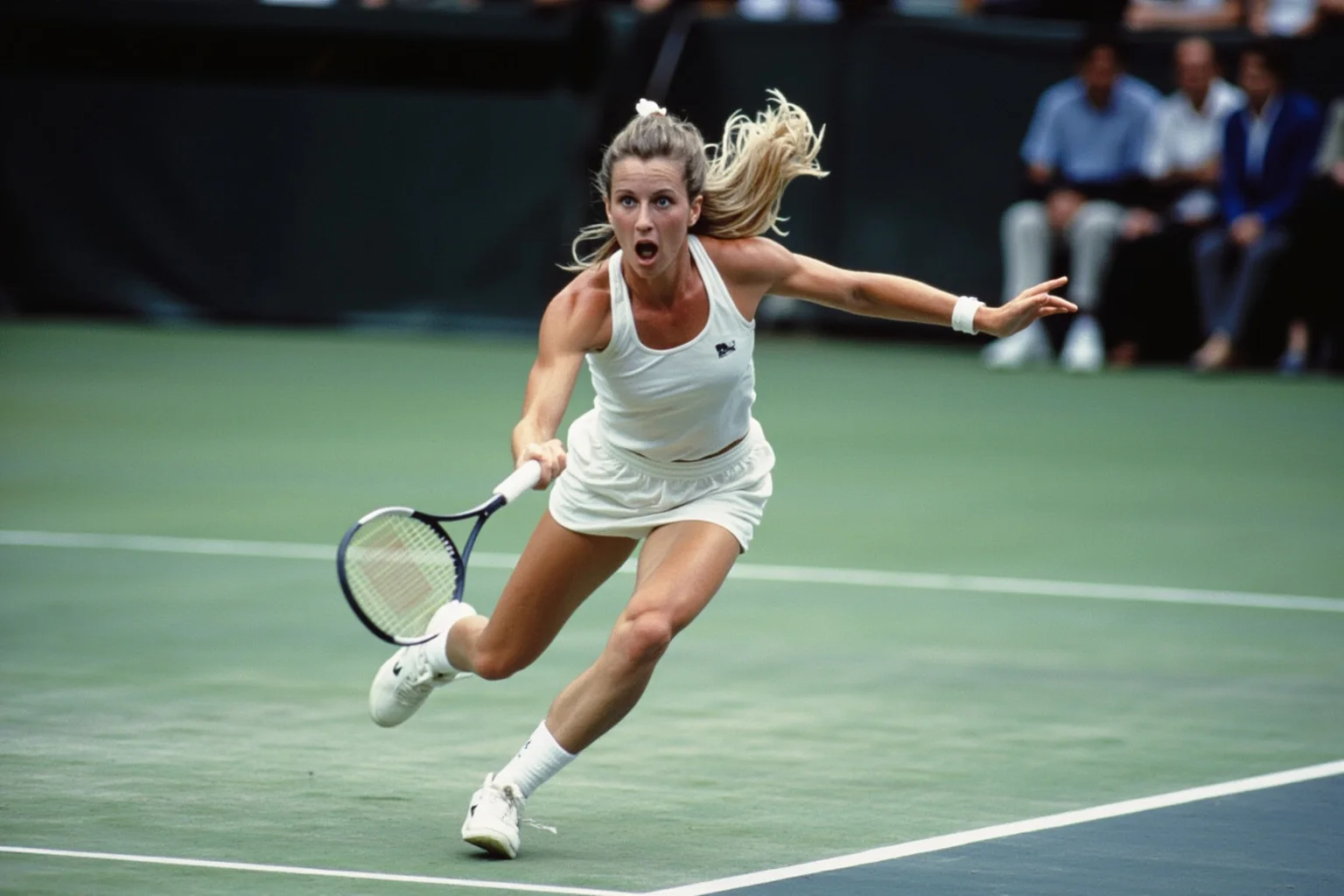Female Athletes In History Who Changed The Game 16 Athletic 1980s female tennis player sprinting toward the net on a hardcourt, muscular focus and intense concentration