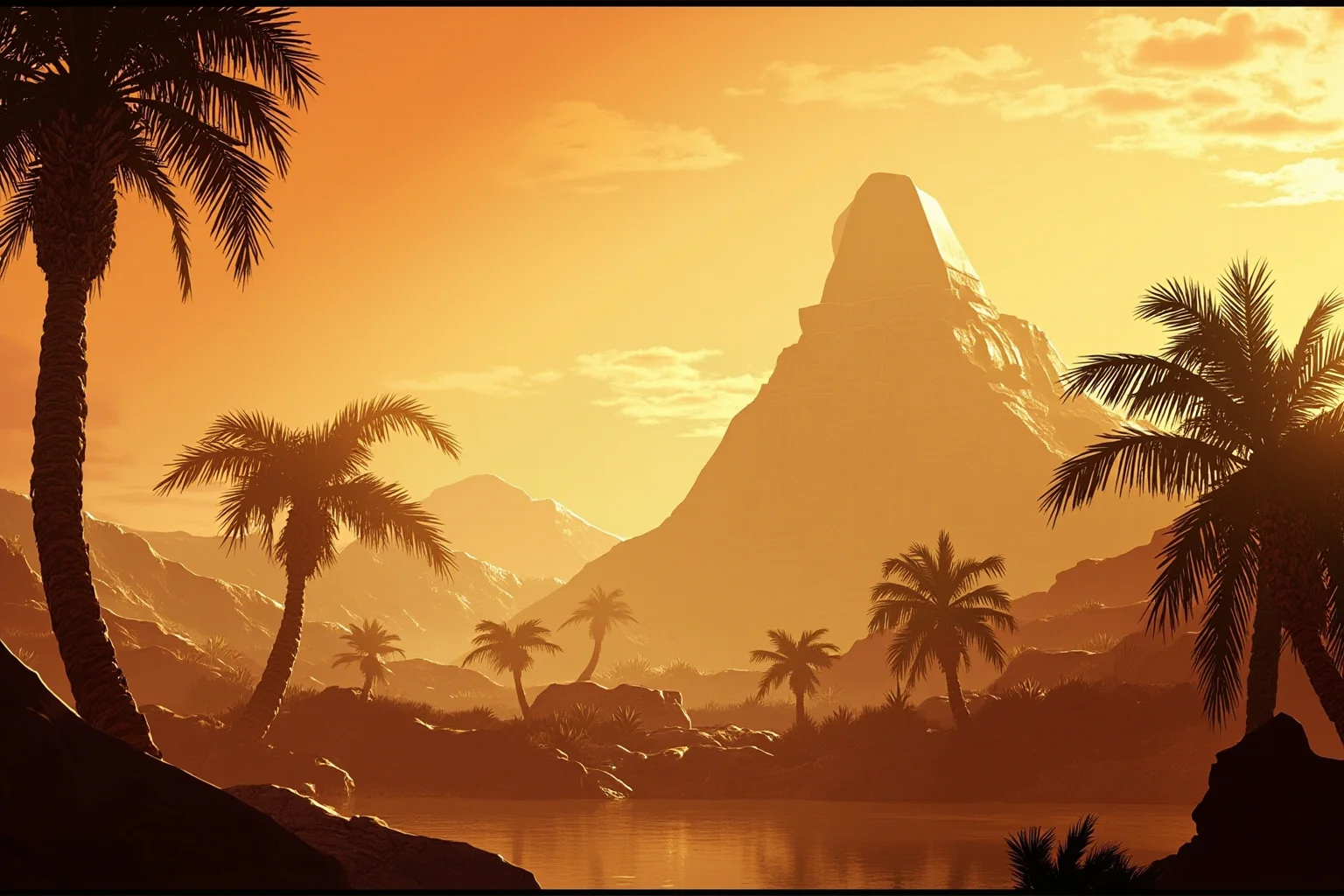 It's In The Name: Why Alexander The Great Is Considered History's Greatest General 12 Atmospheric illustration of a desert oasis with palm trees and an ancient stone temple, warm golden lighting
