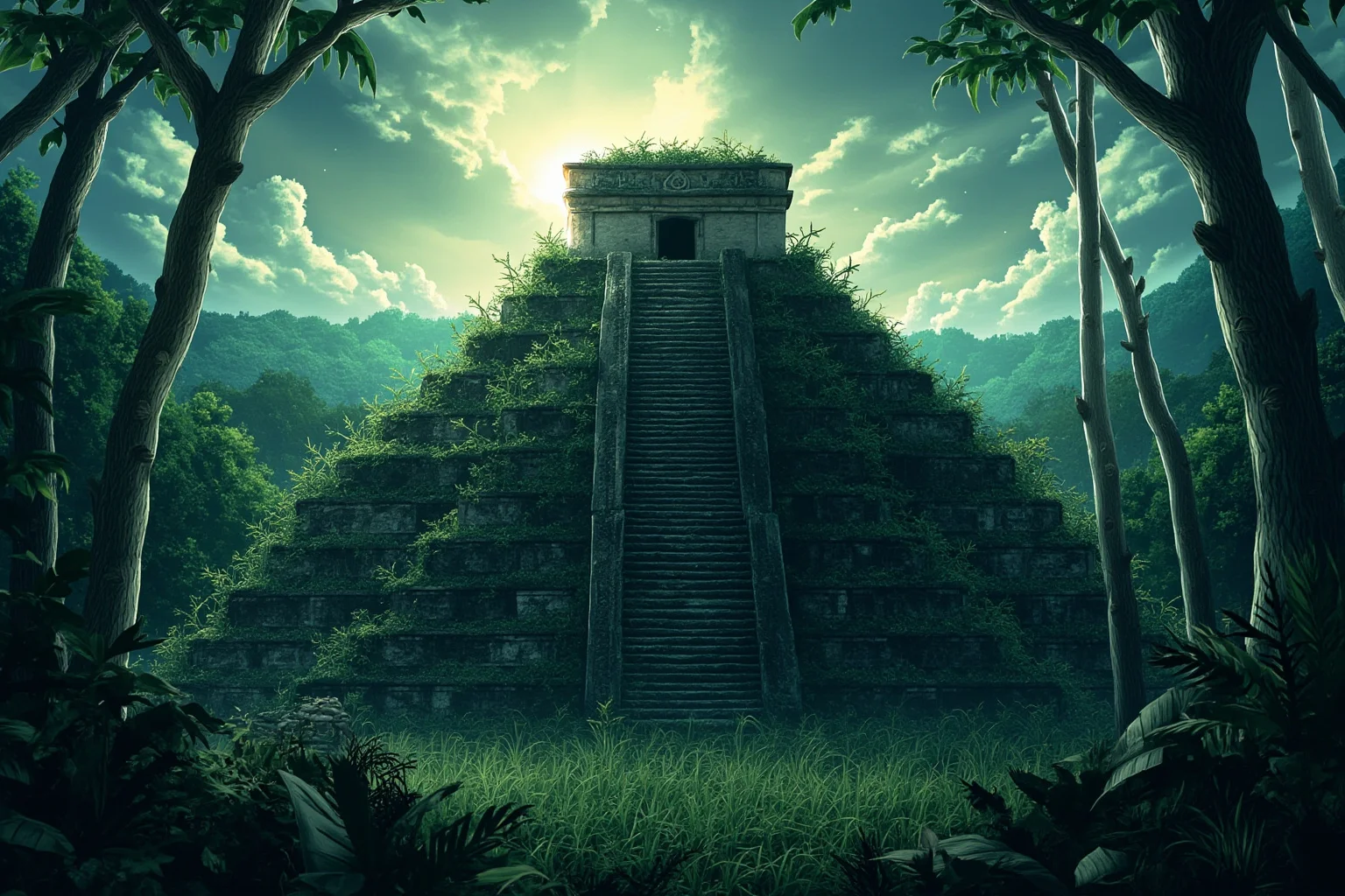Atmospheric illustration of an abandoned Maya pyramid being slowly overtaken by jungle vegetation, suggesting the passage of time