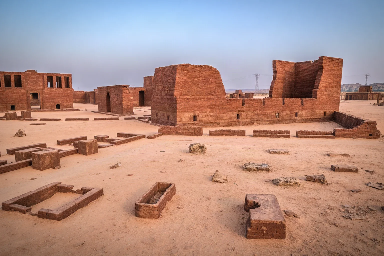 Atmospheric ruins of ancient Babylon with weathered brick structures and archaeological remains scattered across arid ground