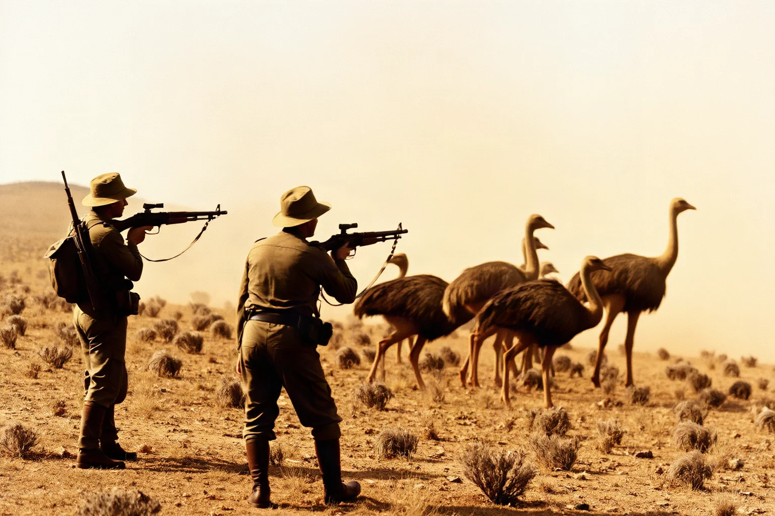 Australian soldiers with vintage machine guns facing a large flock of emus in a dusty outback field, 1930s style
