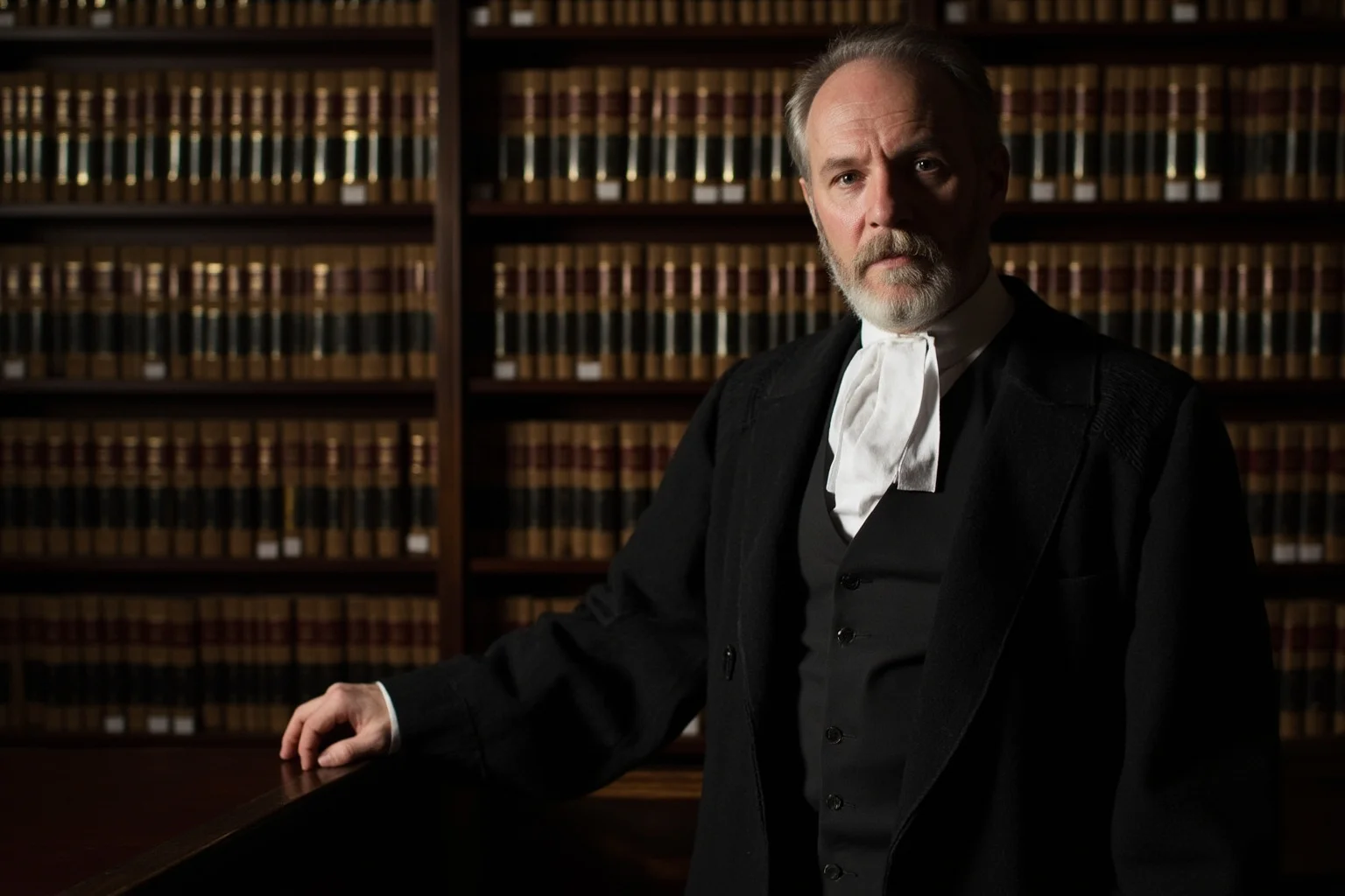 Austrian immigrant lawyer in formal Supreme Court robes standing in law library