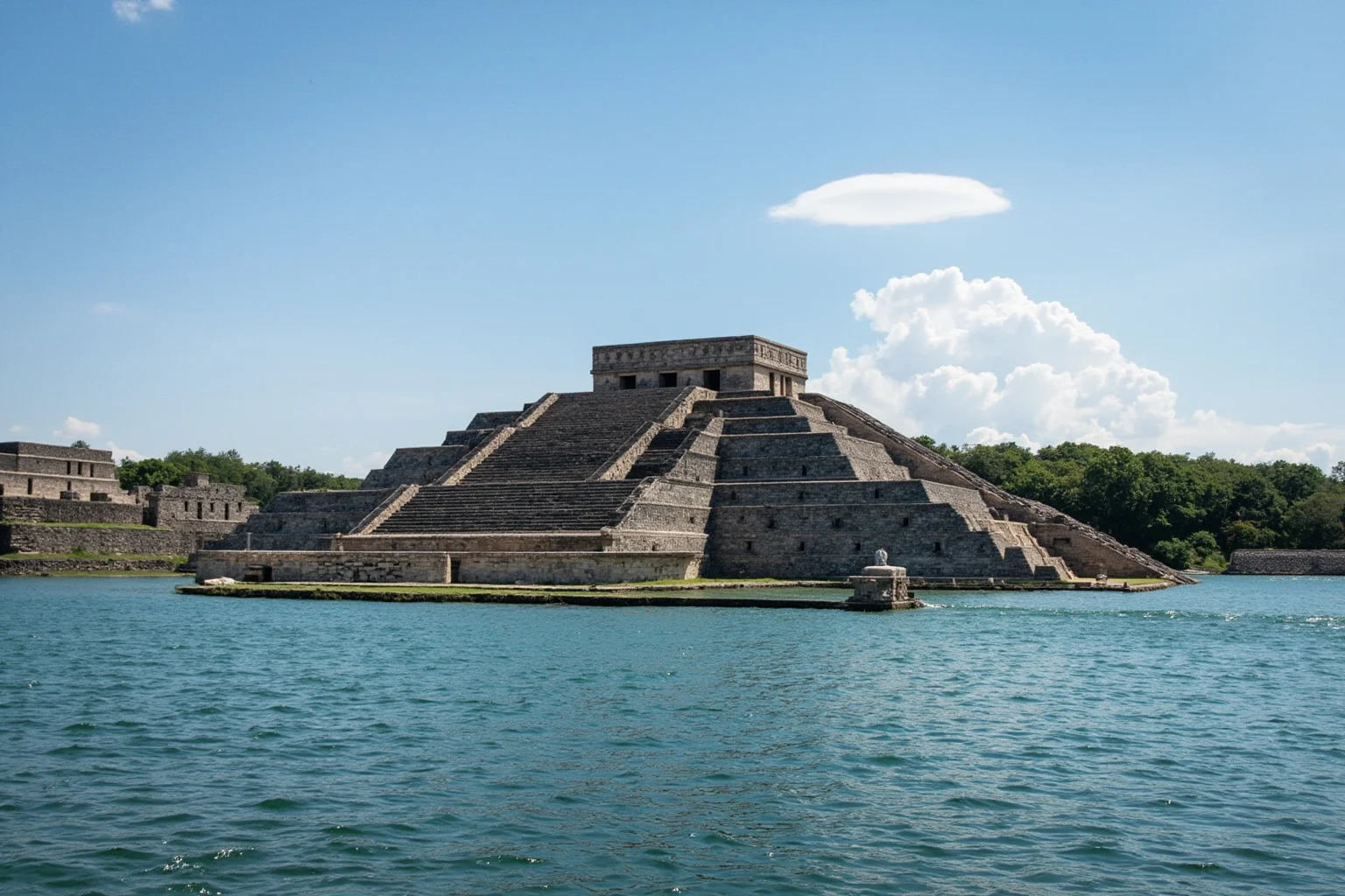 Aztec stepped pyramid temple in Tenochtitlan surrounded by a lake causeway city