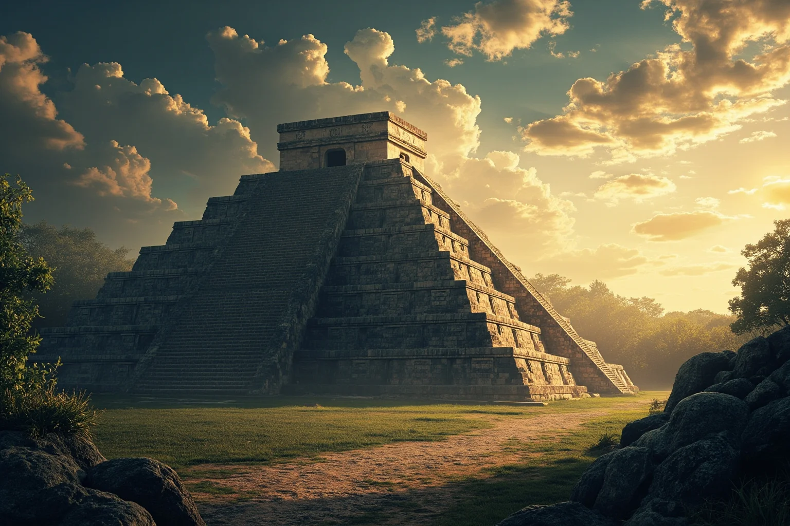 Aztec stepped pyramid temple under a dramatic sky, wide historical landscape illustration, non-graphic