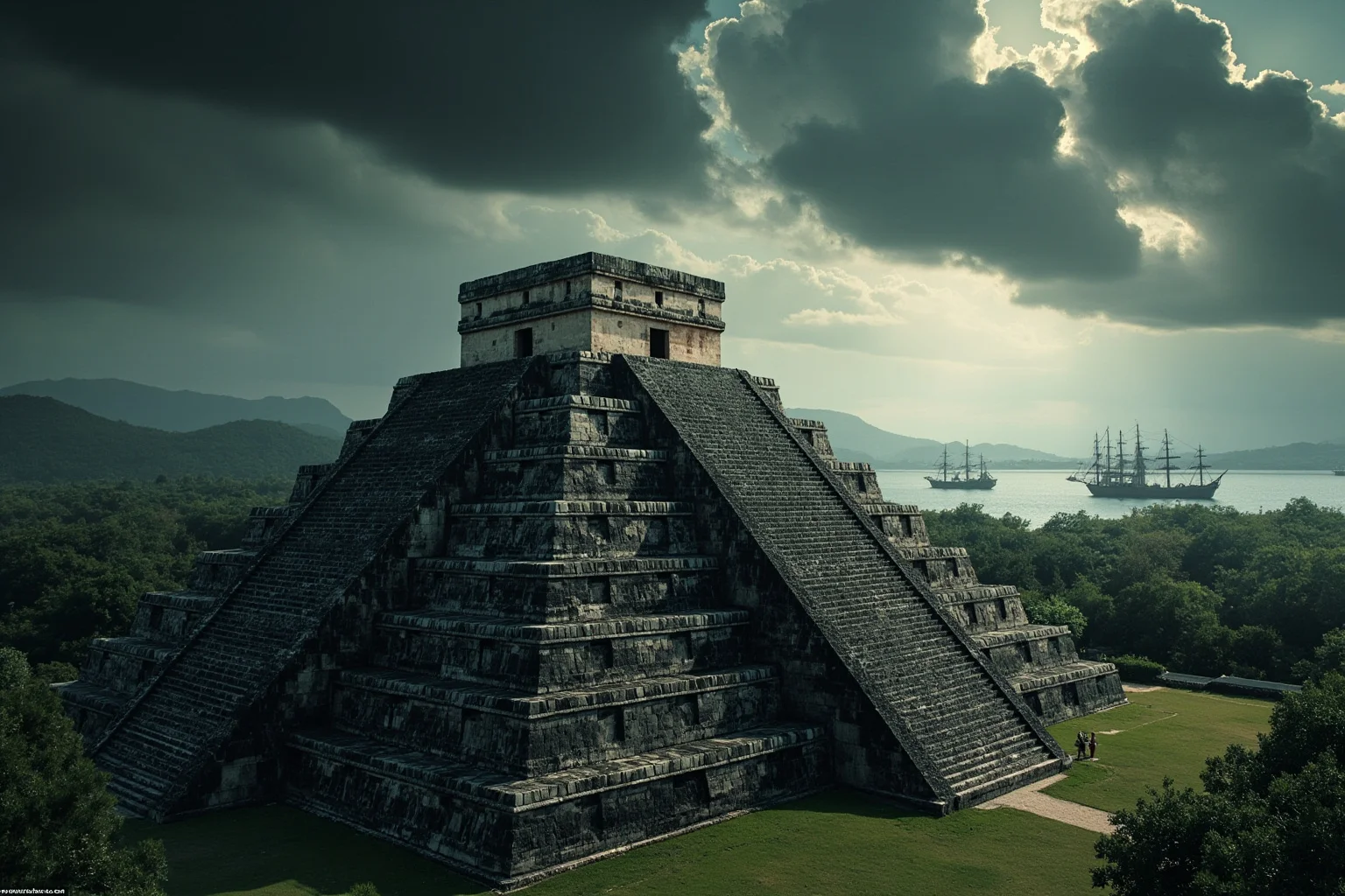 Empires That Fell Slowly—and 20 That Collapsed Overnight 9 Aztec temple pyramid in Tenochtitlan under stormy skies with Spanish ships in the distant harbor