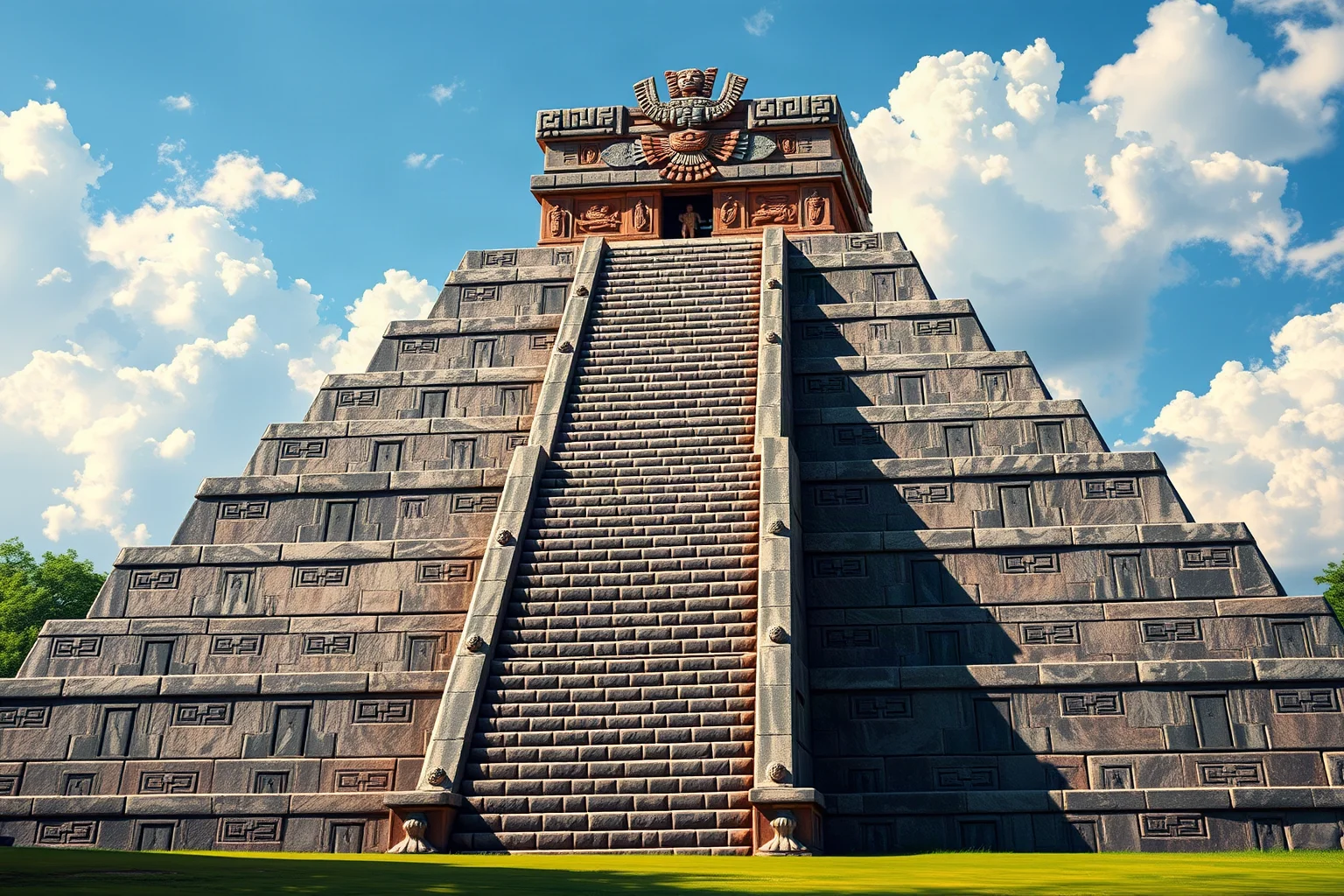 Aztec temple pyramid with ceremonial imagery of Huitzilopochtli, vivid Mesoamerican art style