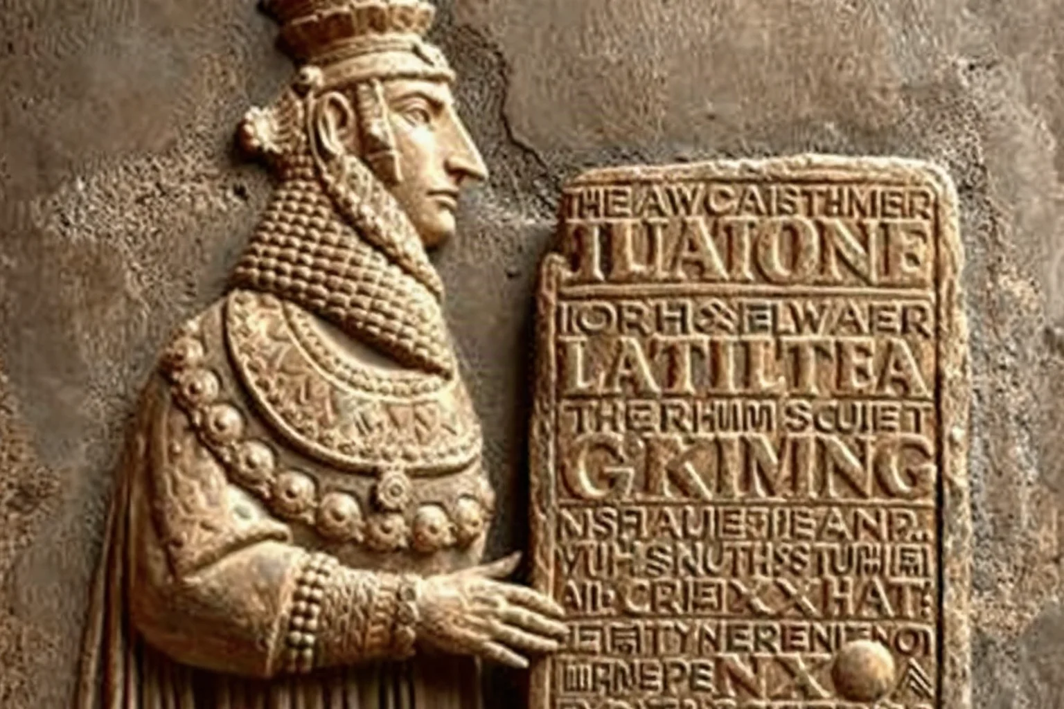 Babylonian king carved in stone relief, presenting a legal stele covered in cuneiform script