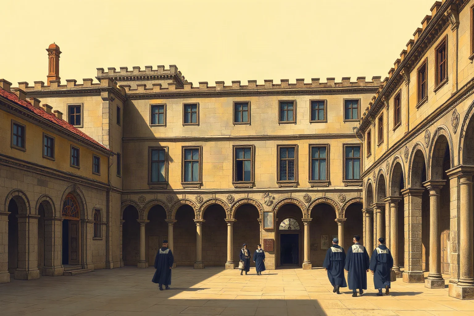 Illustration of an ornate medieval Italian stone university building in Bologna, with arched colonnades and scholars in academic robes walking outside, warm daylight, historical painting style