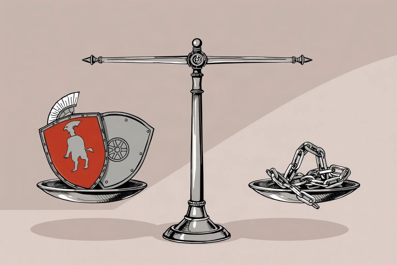 Balanced scale illustration with military shields on one side and broken chains on the other, symbolizing pros and cons of Spartan society