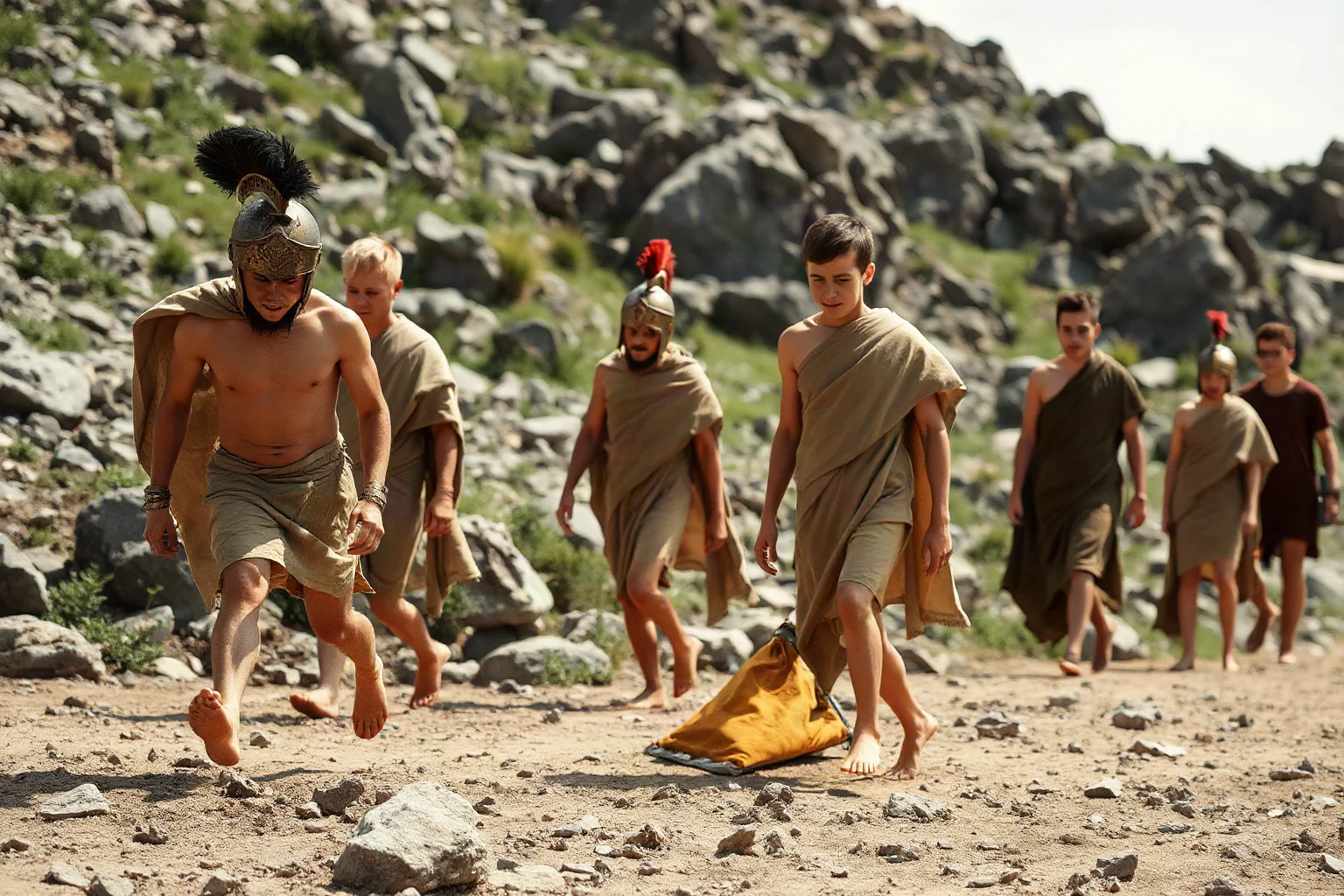 Barefoot Spartan youths in thin cloaks enduring outdoor training in rocky terrain