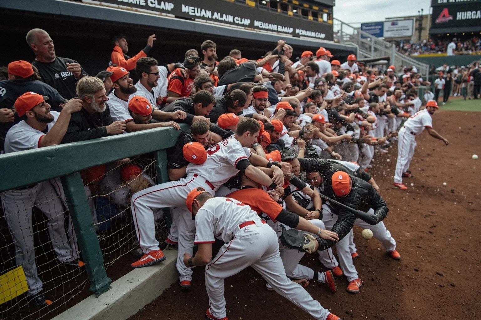 Biggest Brawls In Baseball History 11 Baseball players spilling out of a bullpen area to join a brawl near the dugout, chaotic multi-player scrum