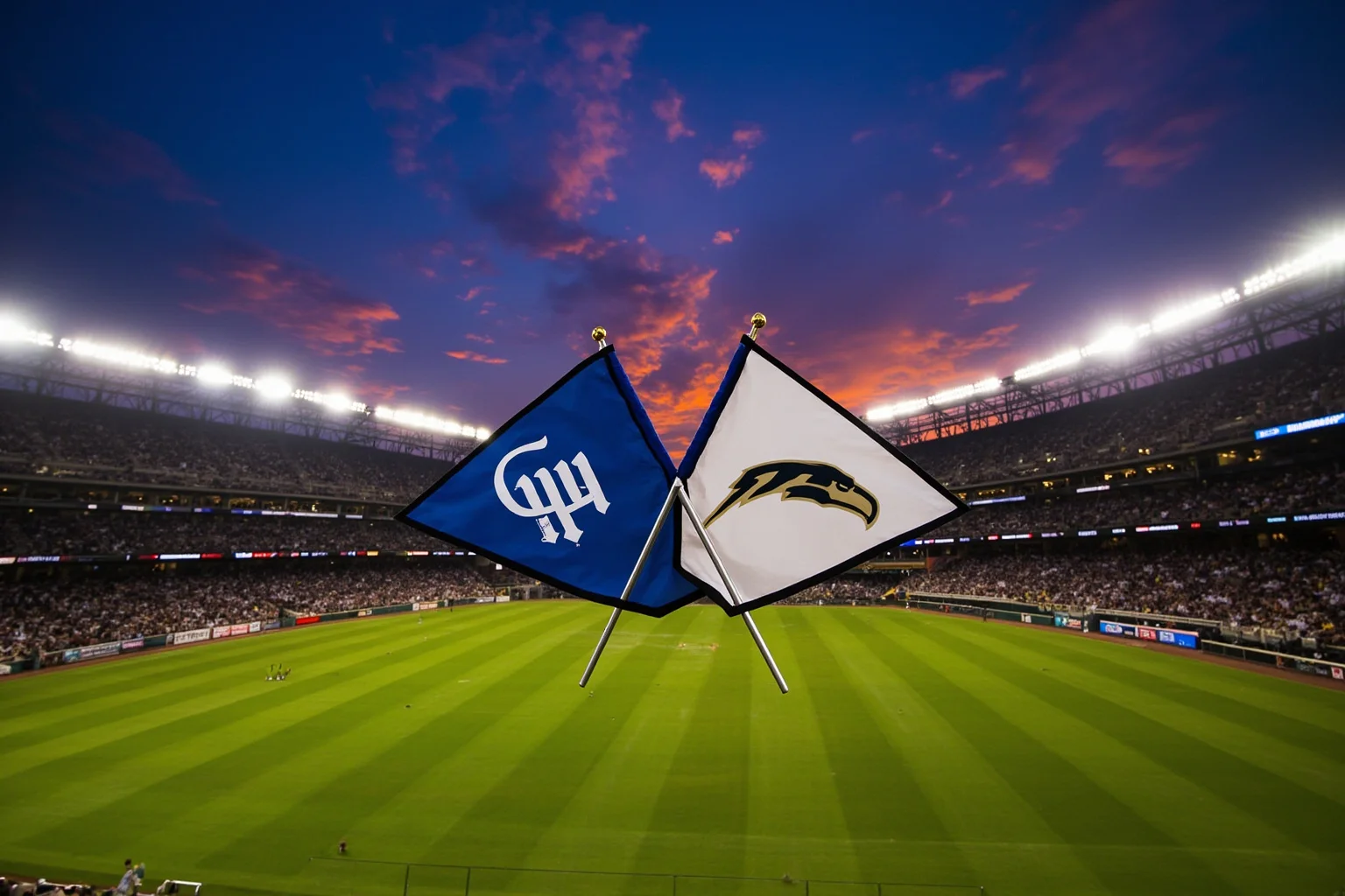 26 of History's Most Famous Rivalries 12 Baseball stadium at dusk with two rival team pennants crossed dramatically