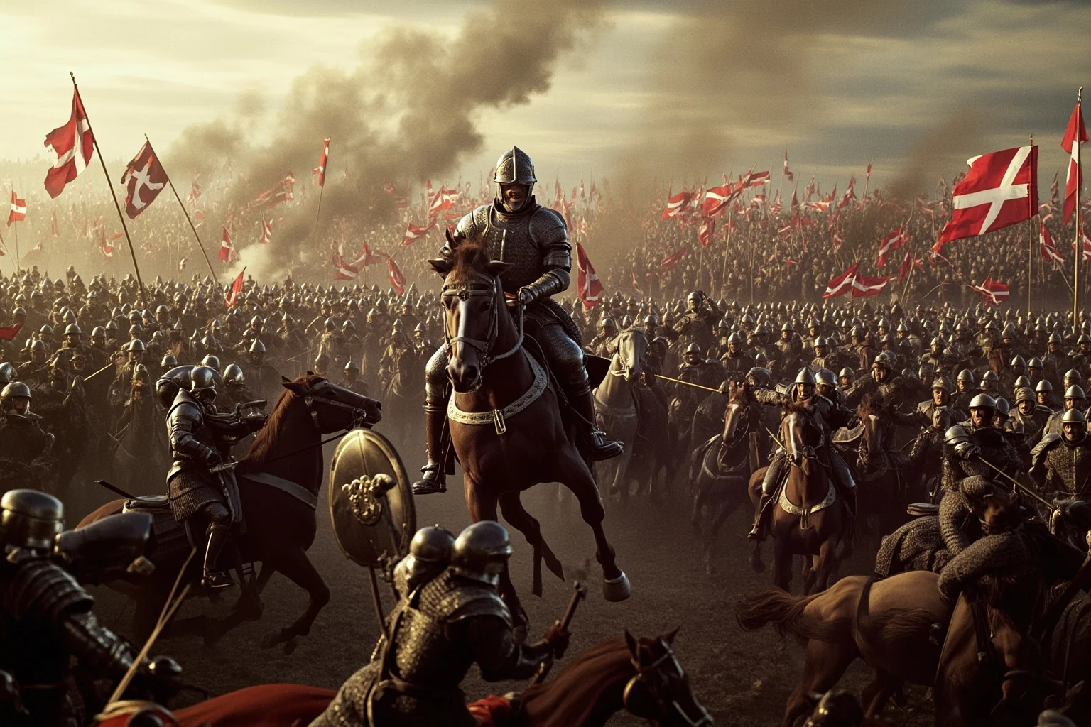 Battle scene with heavy cavalry and soldiers in 15th-century armor clashing, horses rearing