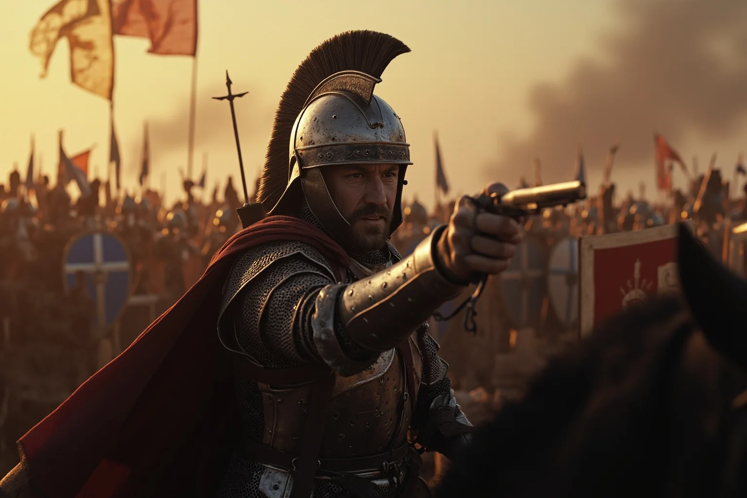 22 Most Notorious Knights From History: Heroes, Villains, and Legends 8 Battle-worn French knight in dented armor directing troops during a siege at dusk