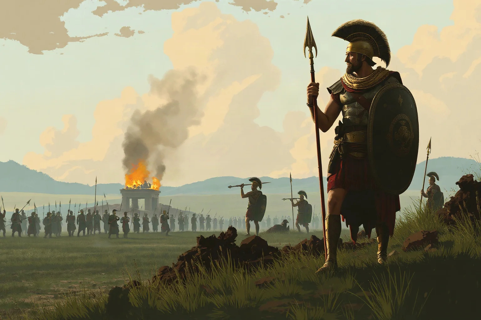 Battlefield aftermath illustration representing the decline of Spartan military power at Leuctra