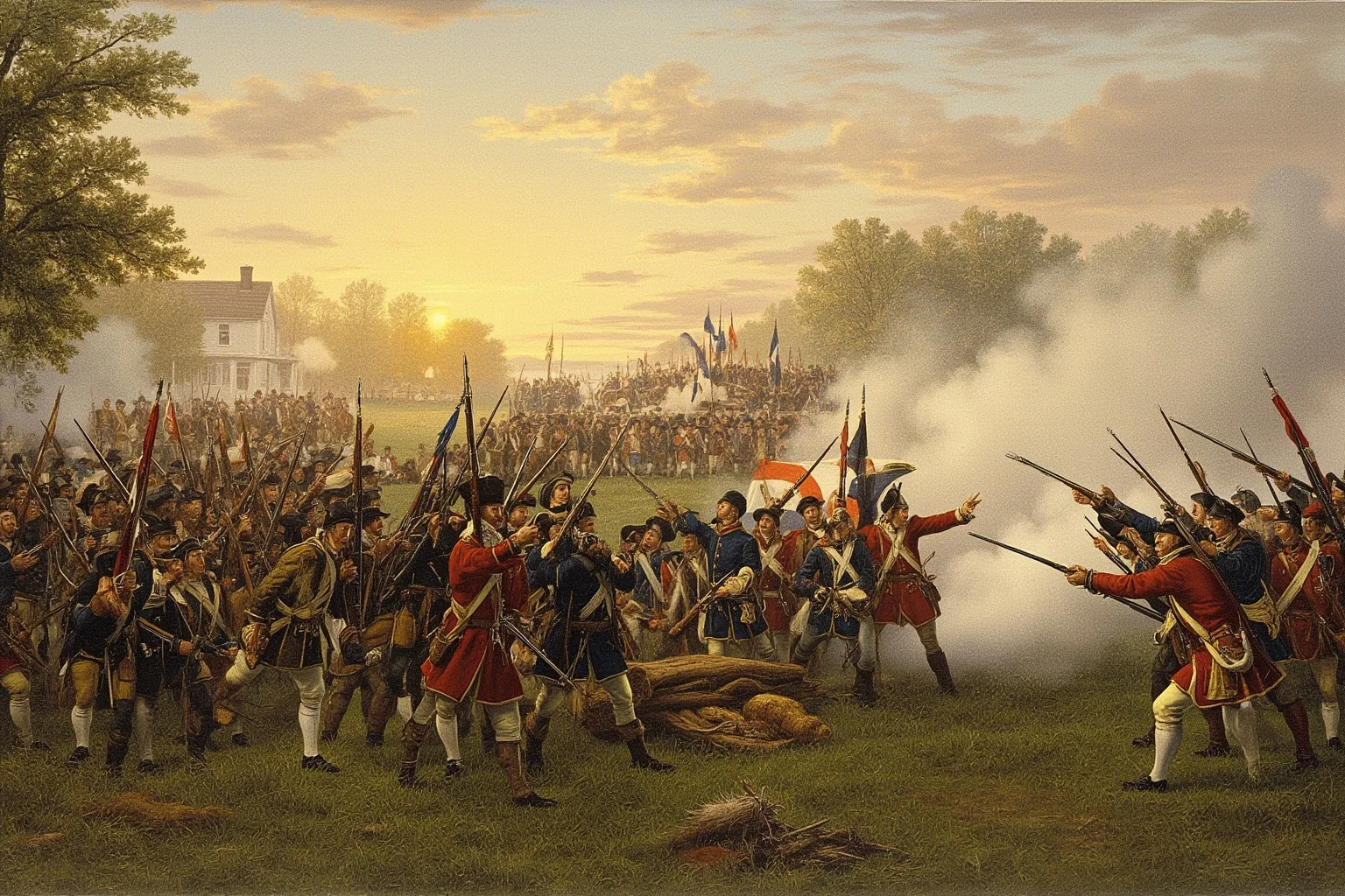 Battles That Defined American History 2 Colonial militia and British regulars facing off on a New England village green at dawn, 1775, historical illustration style