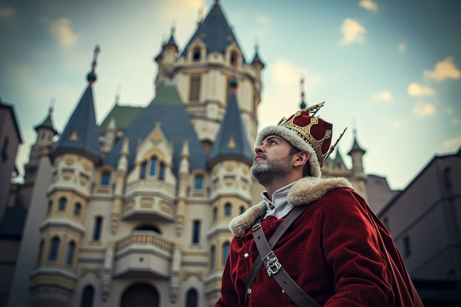 Bavarian king standing before an ornate fairy-tale castle with towers and spires, looking dreamily upward