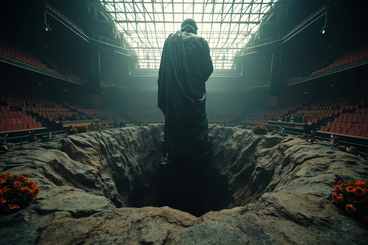 Wide shot of a massive bronze sculpture of Christ emerging from a jagged crater inside a modern auditorium hall
