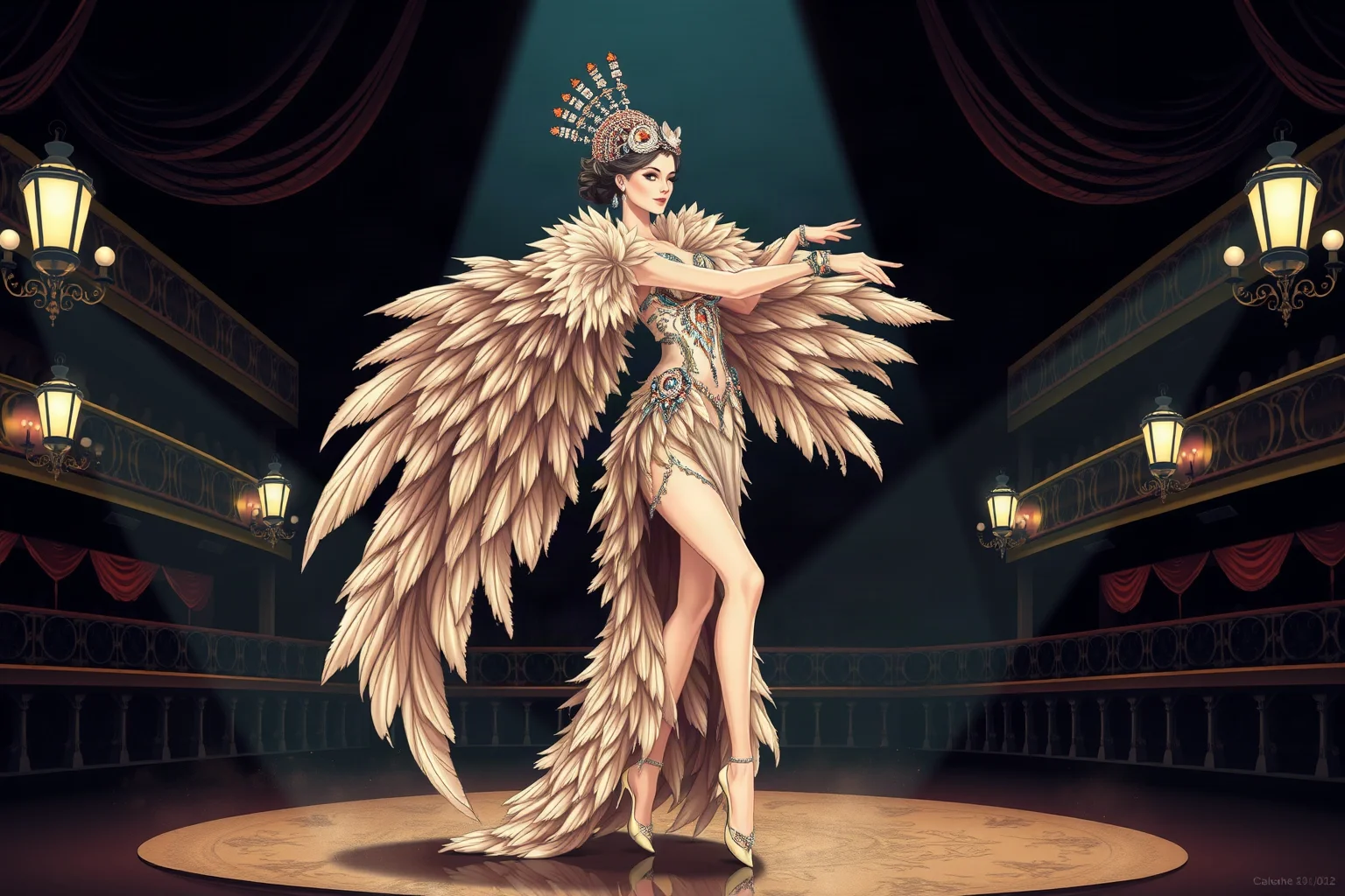 Belle Époque cabaret style illustration of an elegant dancer in an ornate feathered costume and jeweled accessories on a Parisian stage