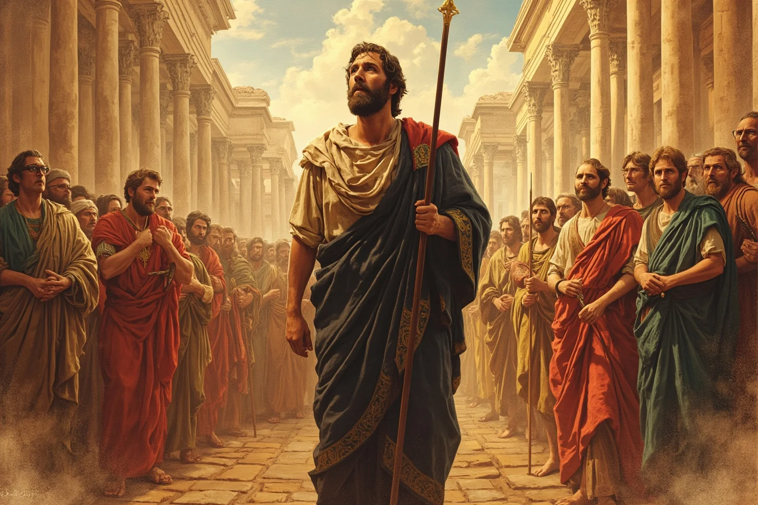 Best and Worst Popes in History: Ranking 20 Who Shaped (or Shook) the Church 4 A stylized illustration of an ancient apostle figure in simple robes standing before a crowd in early Rome, painting style