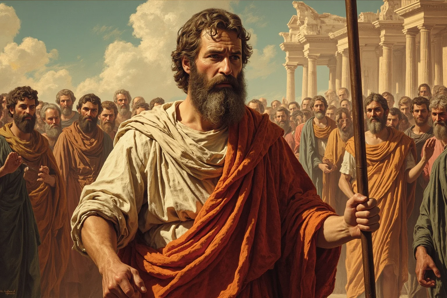 Best and Worst Popes in History: Ranking 20 Who Shaped (or Shook) the Church 11 A stylized illustration of an ancient apostle figure in simple robes standing before a crowd in early Rome, painting style