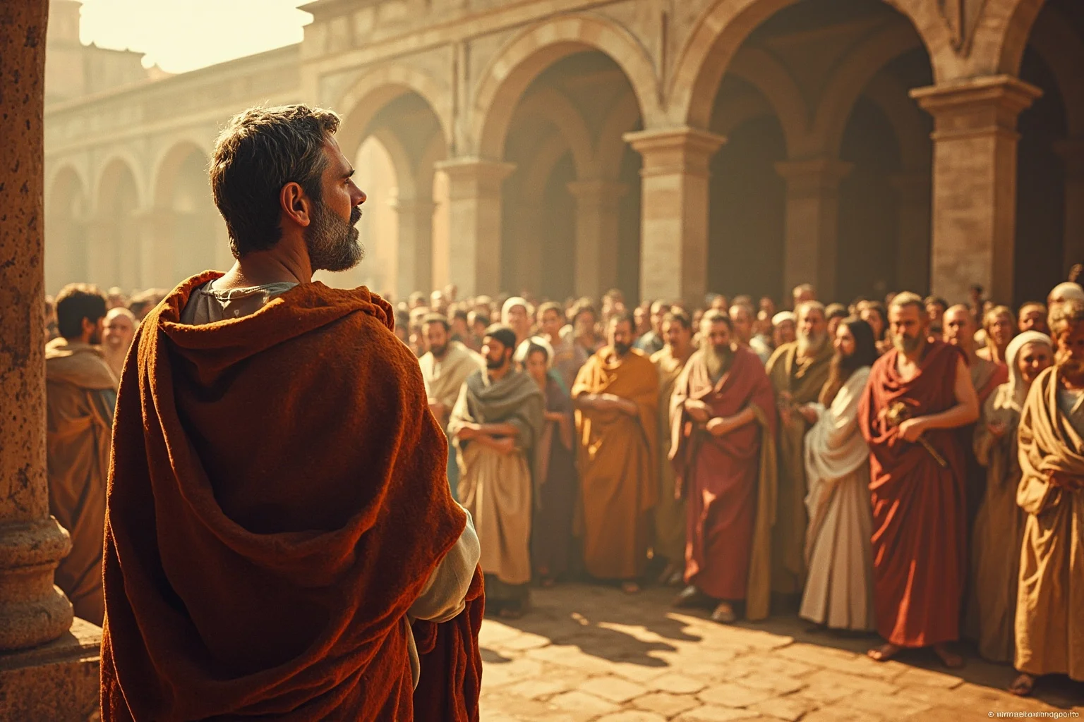 Best and Worst Popes in History: Ranking 20 Who Shaped (or Shook) the Church 2 A stylized illustration of an ancient apostle figure in simple robes standing before a crowd in early Rome, painting style