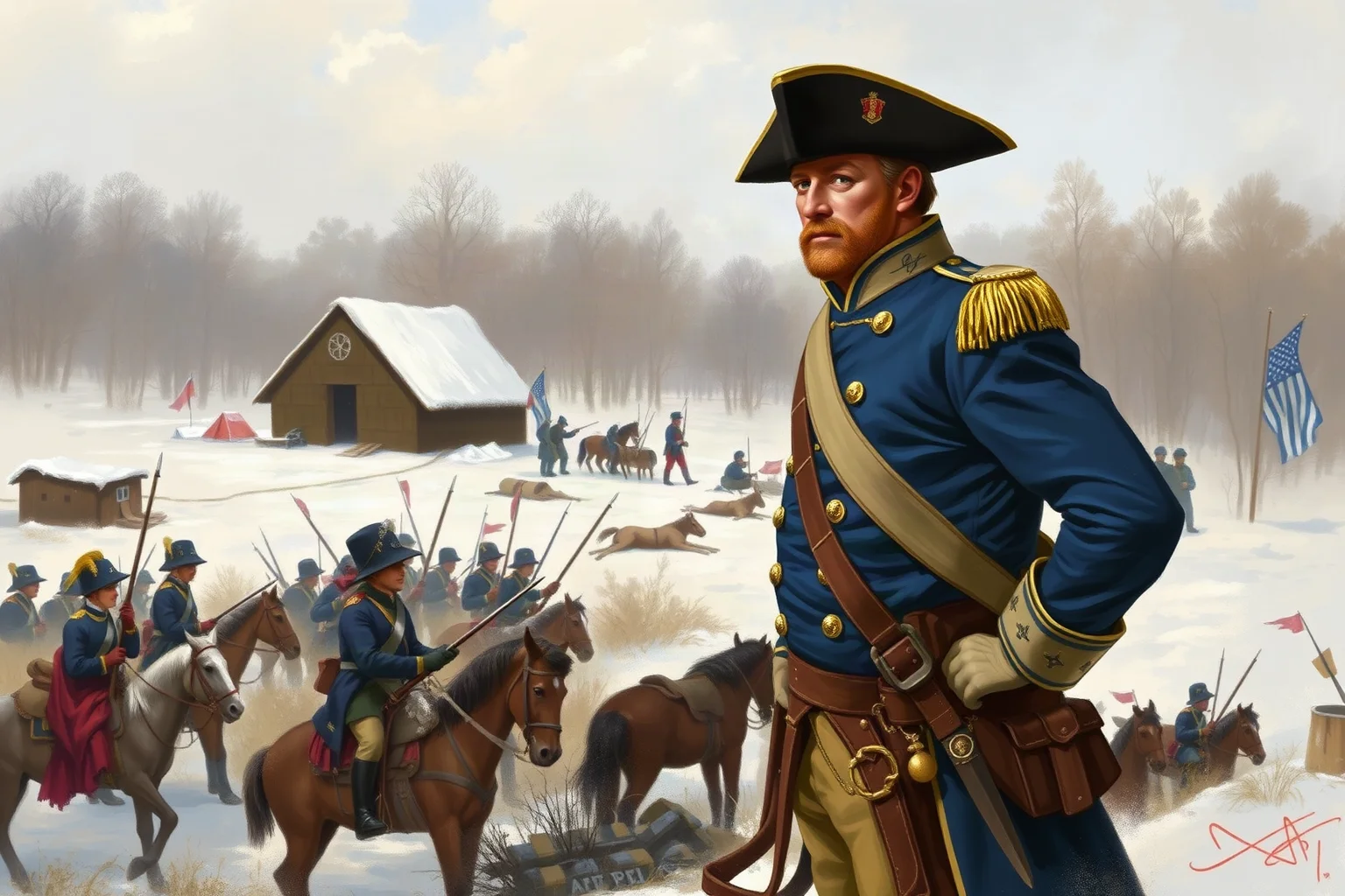 Painterly illustration of a Revolutionary War-era American general in a blue and buff uniform overlooking troops at a snowy winter camp