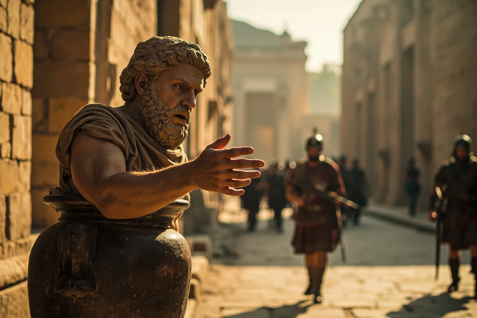 Best Insults in History: 23 Legendary Put-Downs and the Stories Behind Them 2 Ancient Greek philosopher in a large ceramic jar gesturing dismissively at an approaching military leader on a sunlit Athenian street