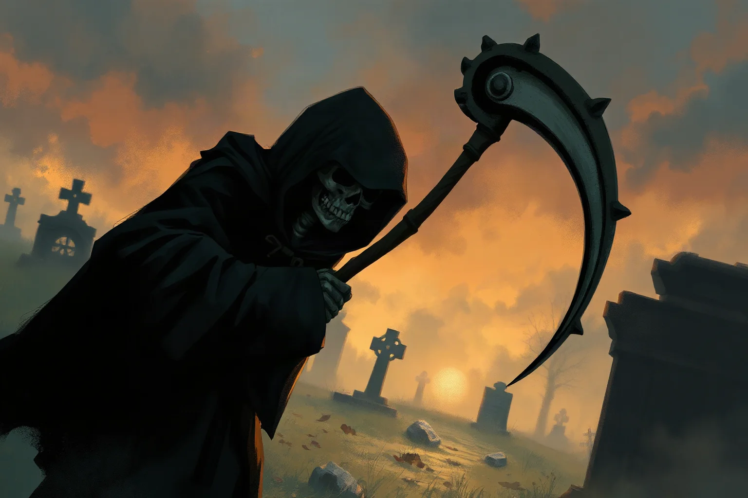 A moody, atmospheric illustration of a hooded skeletal figure holding a long-handled scythe in a misty medieval graveyard at dusk, painterly style, no readable text