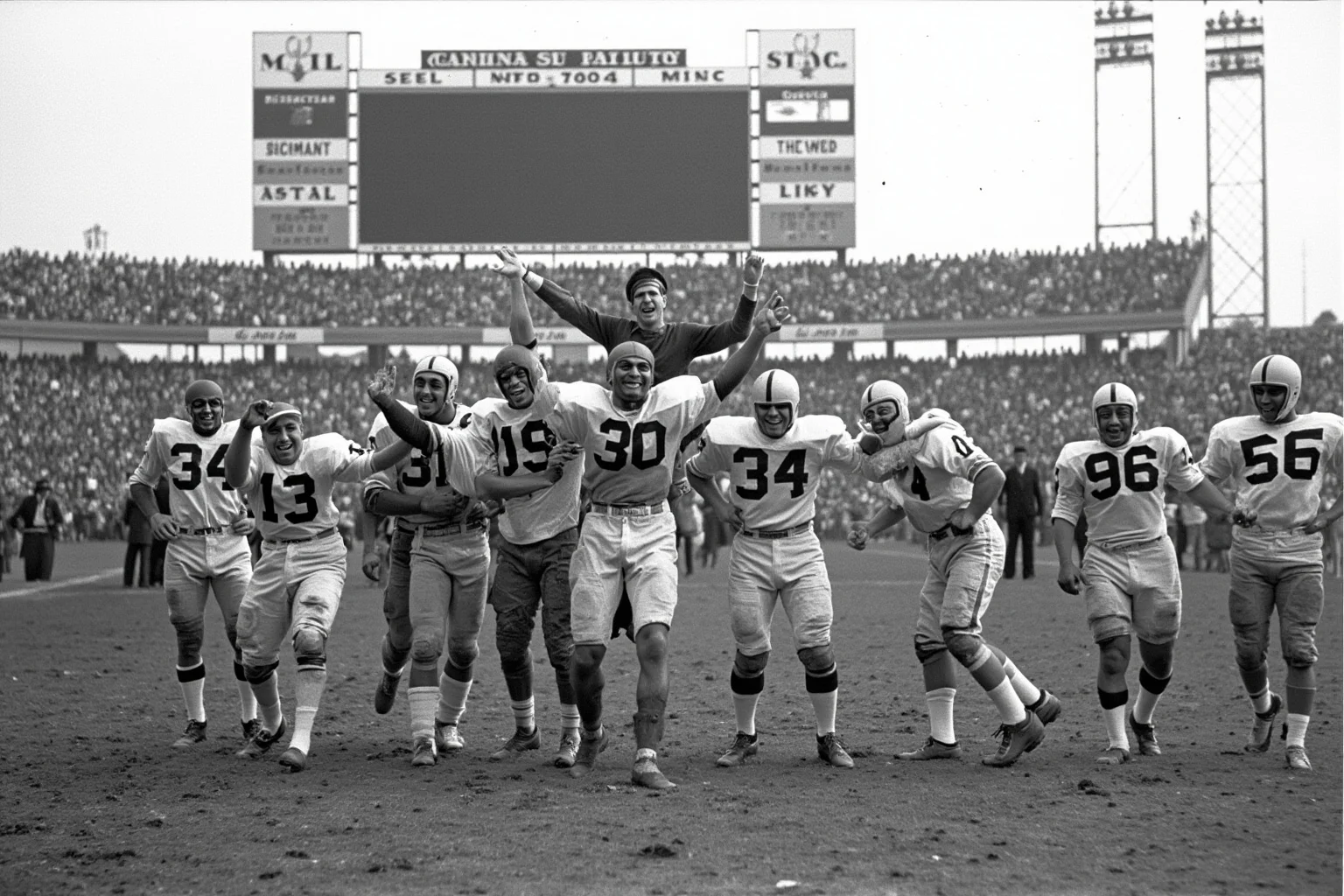 Biggest Blowouts in Sports History 2 Vintage 1940s American football championship game scene, one team celebrating a massive lopsided score on a stadium scoreboard