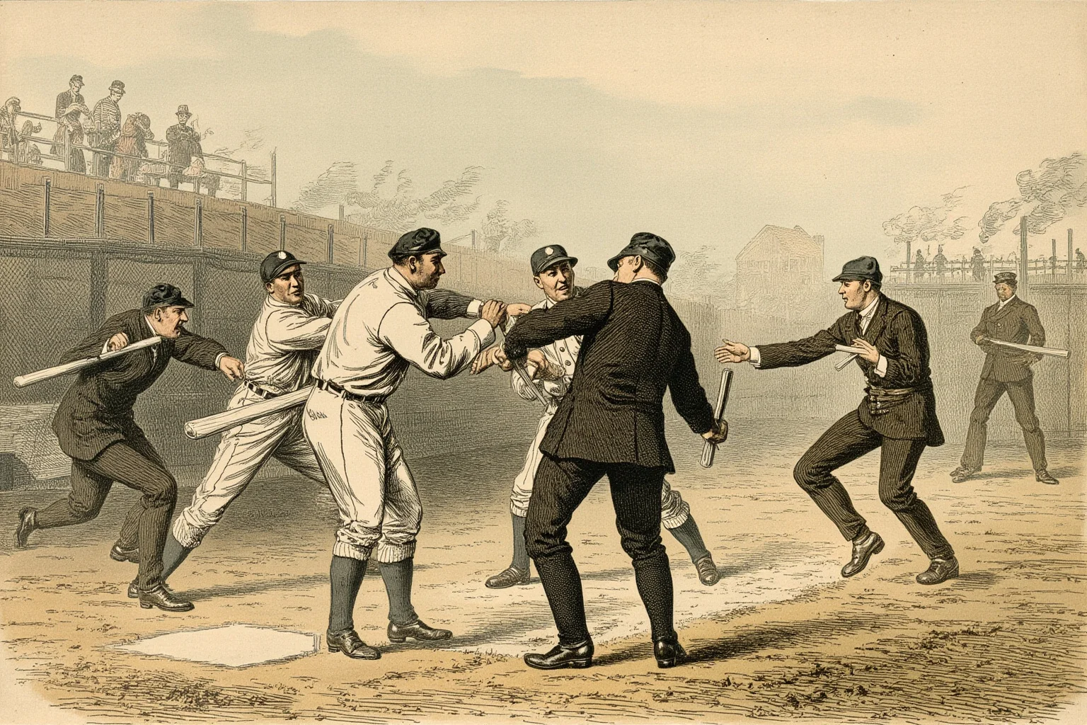 Biggest Brawls In Baseball History 2 Vintage-style illustration of two 1890s baseball teams in old wool uniforms brawling near home plate as smoke rises from wooden bleachers in the background