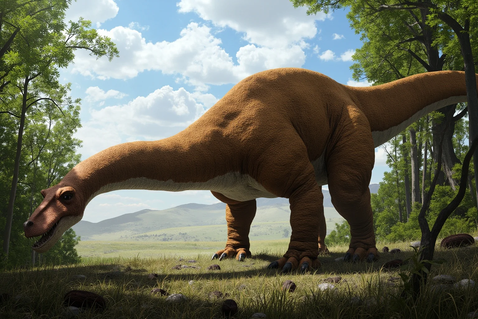 A massive long-necked Argentinosaurus dinosaur grazing among trees, giving scale to its enormous body, realistic paleoart style