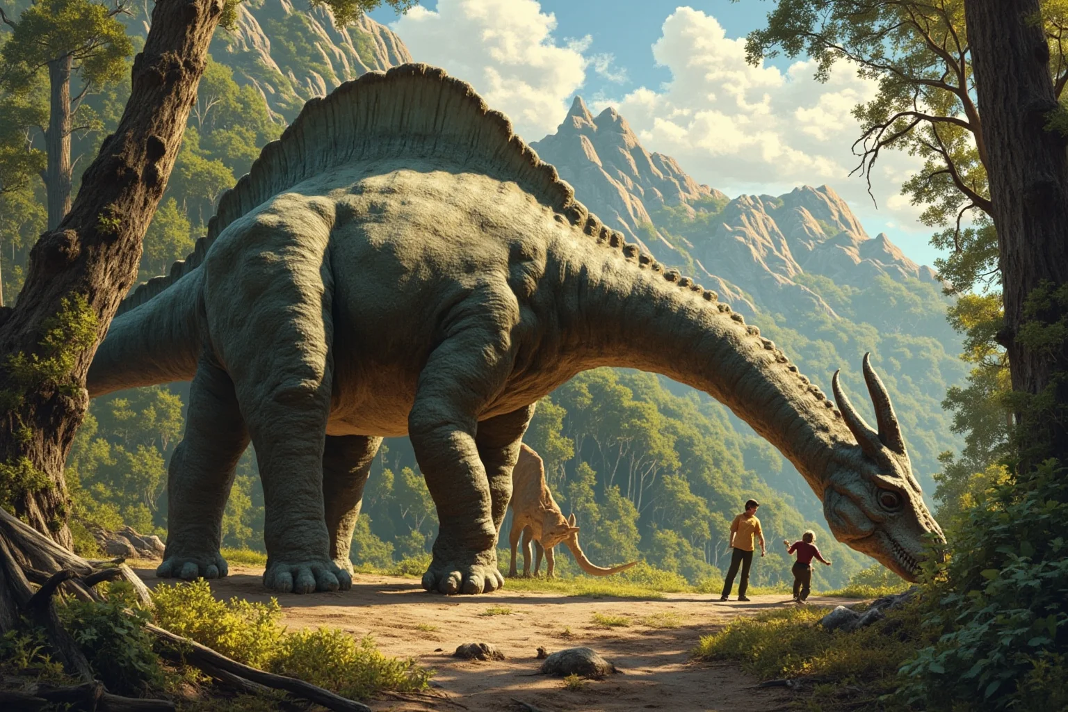 A massive long-necked Argentinosaurus dinosaur grazing among trees, giving scale to its enormous body, realistic paleoart style