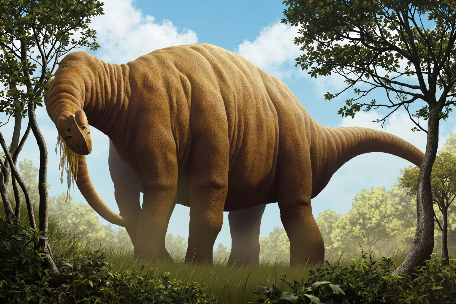 A massive long-necked Argentinosaurus dinosaur grazing among trees, giving scale to its enormous body, realistic paleoart style