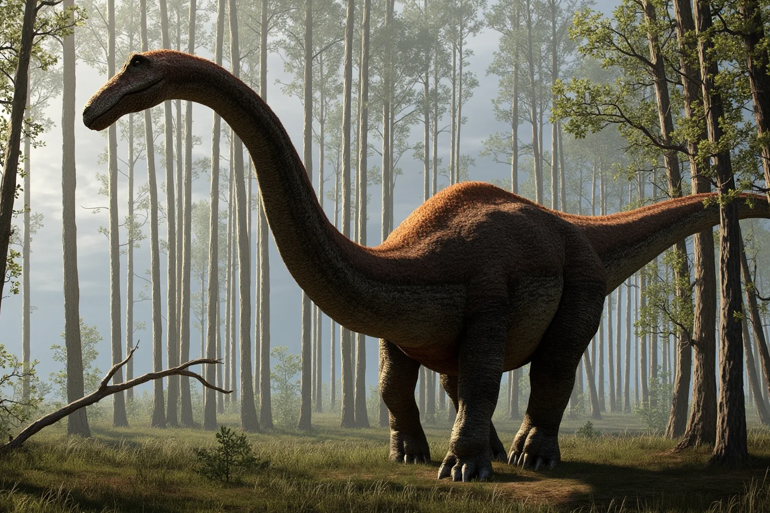 A massive long-necked Argentinosaurus dinosaur grazing among trees, giving scale to its enormous body, realistic paleoart style