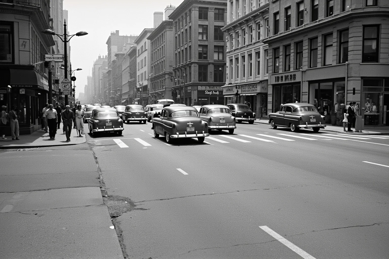 Proof of Time Travel? 20 Famous Photos, Notes, and Stories Fact-Checked 9 Black-and-white 1950s style busy city street crossing scene with old-fashioned cars and pedestrians