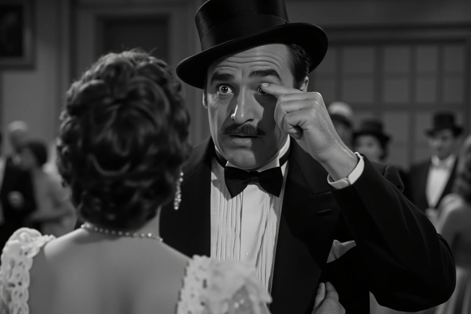 Best Insults in History: 23 Legendary Put-Downs and the Stories Behind Them 21 Black-and-white film-style scene of a mustached comedian in a tuxedo raising an eyebrow at a partner in an old ballroom