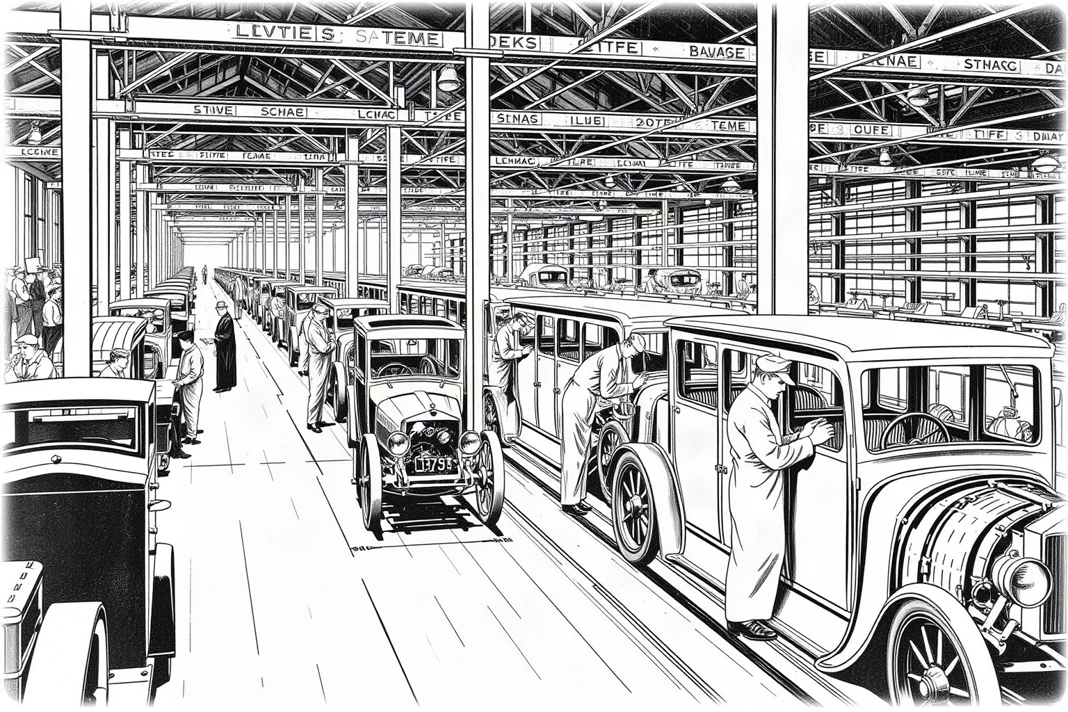 Black-and-white style illustration of a 1910s factory floor with workers along a moving assembly line building automobile frames