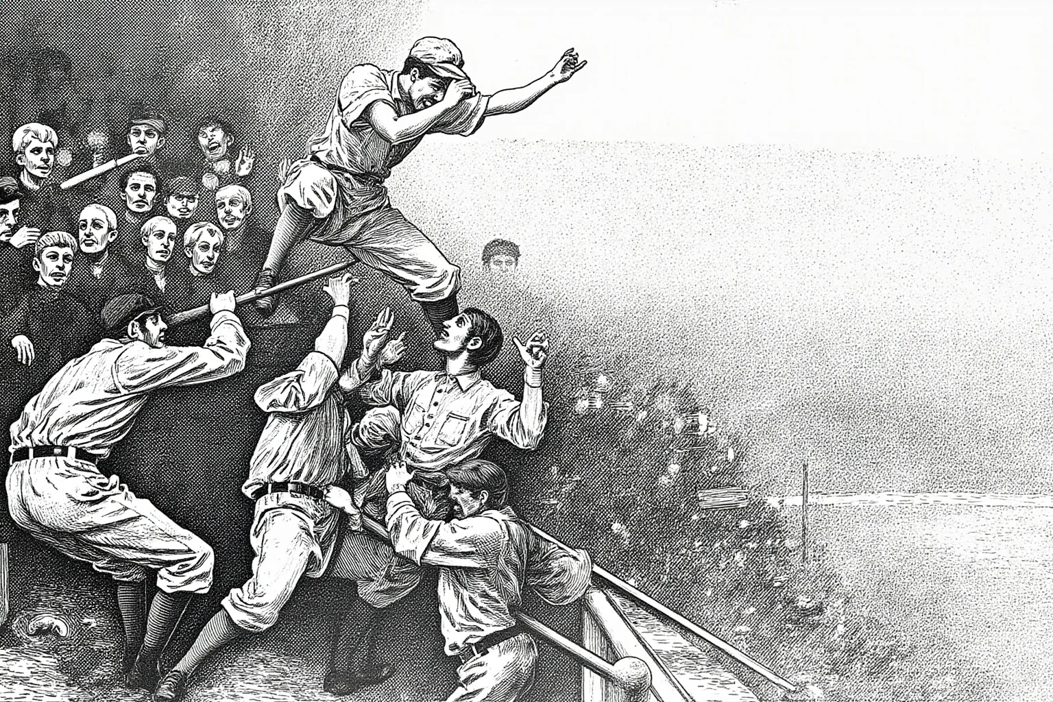 Biggest Brawls In Baseball History 3 Black-and-white style illustration of an early-1900s baseball player climbing into stadium stands toward the crowd, other players trying to hold him back