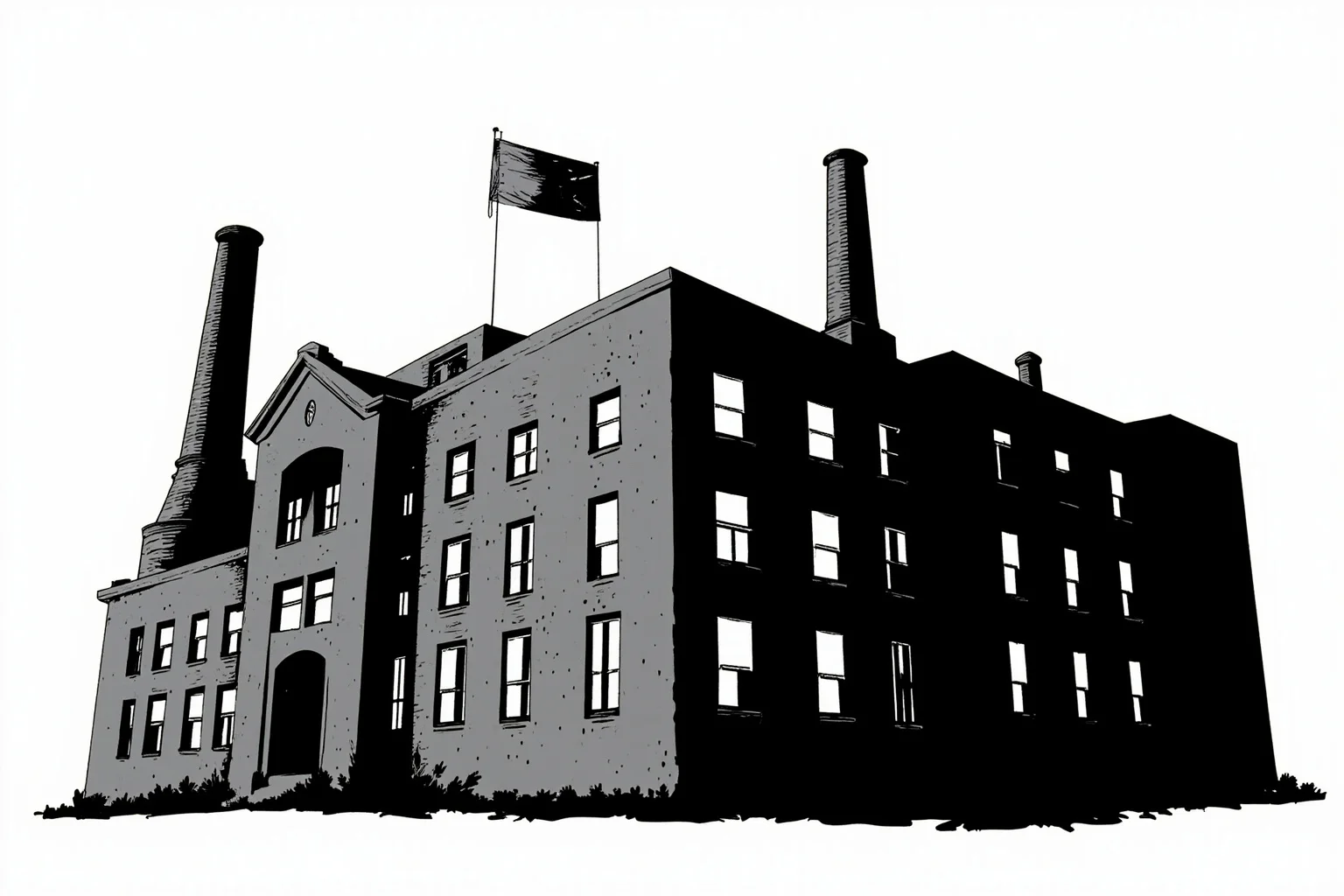10 of History's Most Evil People & 10 of Its Greatest Heroes 17 Black and white style illustration of an old factory building with smoke stacks, symbolizing wartime industry and hidden refuge