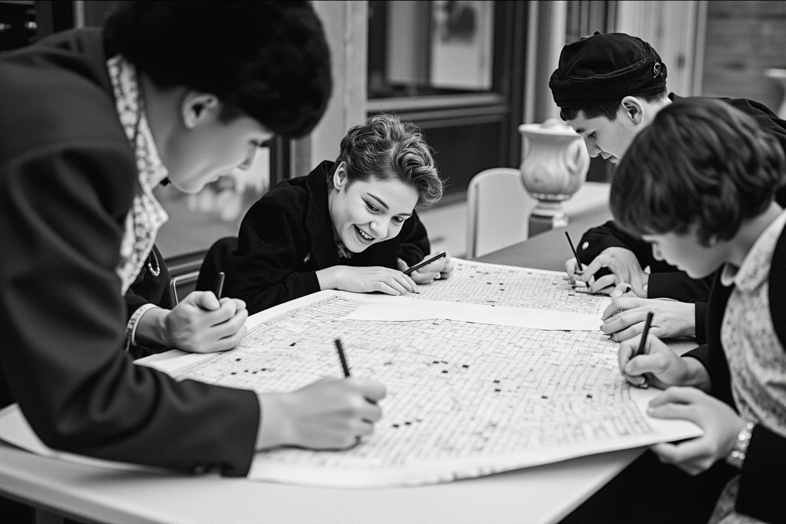 Biggest Fads Throughout American History 4 Black-and-white style scene of people excitedly filling out a large crossword puzzle in a newspaper, 1920s setting