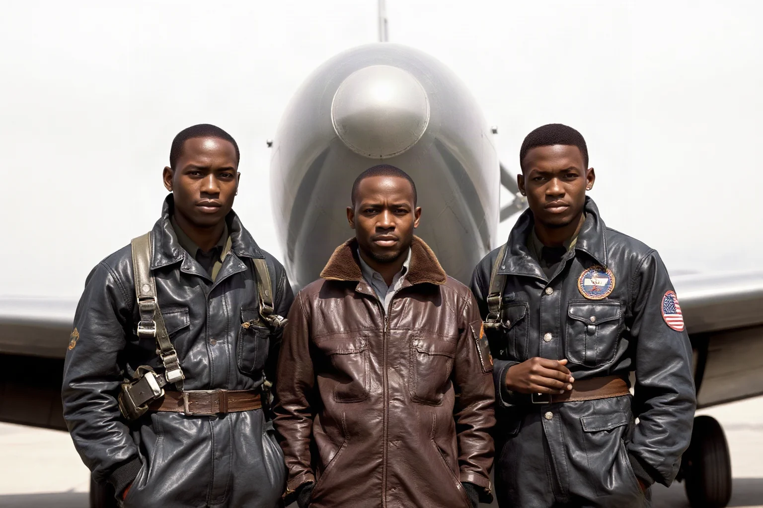 Black military aviators in flight suits and leather jackets standing in front of a World War II fighter plane