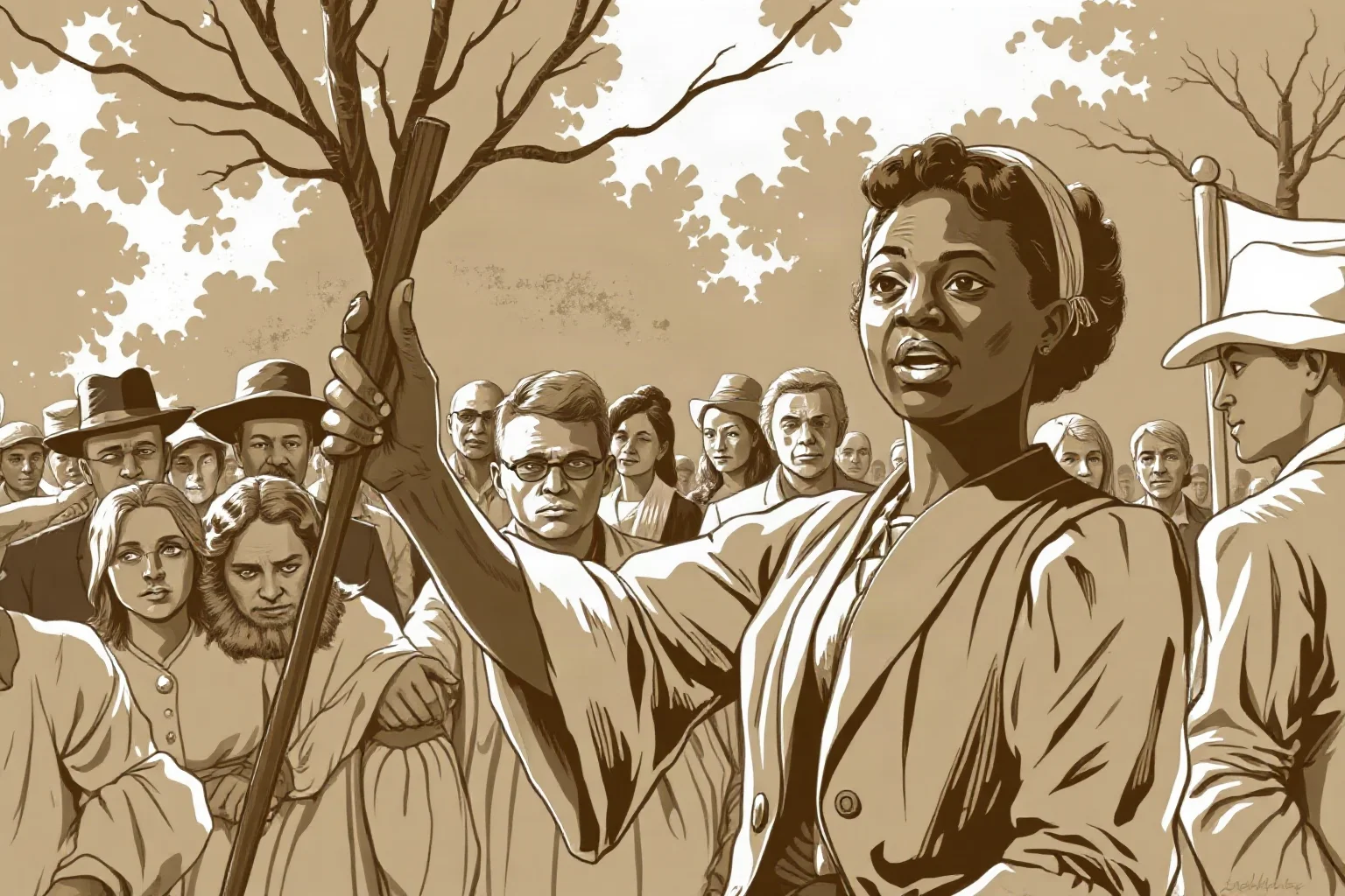 Sepia-toned illustration of a 19th-century Black woman abolitionist speaking passionately to a crowd at an outdoor gathering