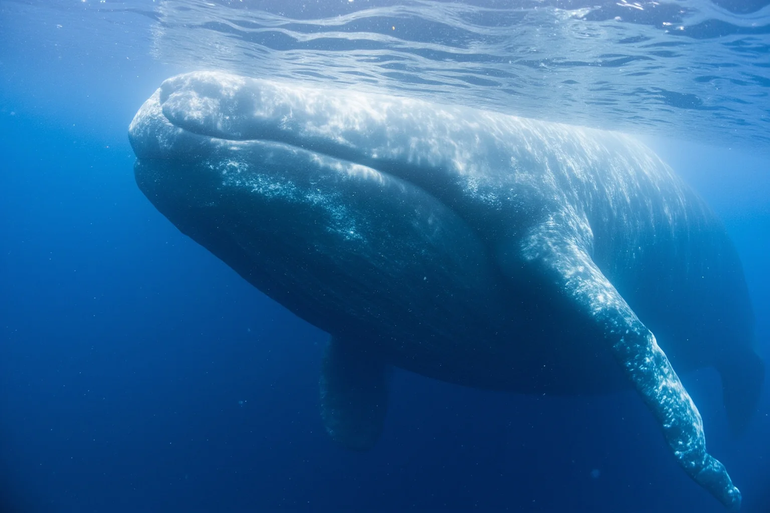 Blue whale swimming in modern ocean, showing its enormous size relative to the water around it and its baleen plates
