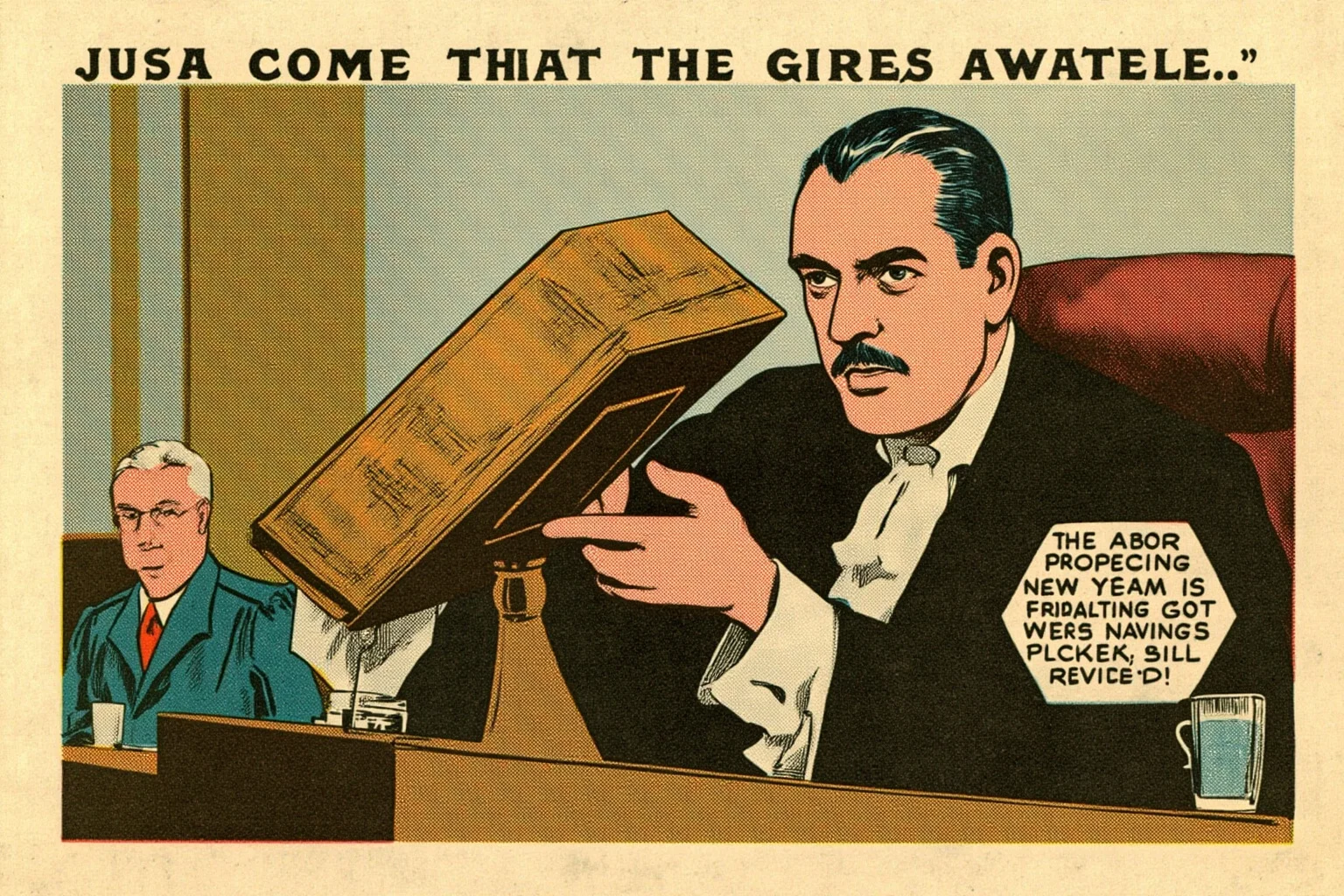 Vintage 1930s courtroom illustration with a judge examining an old hardcover book on a wooden stand